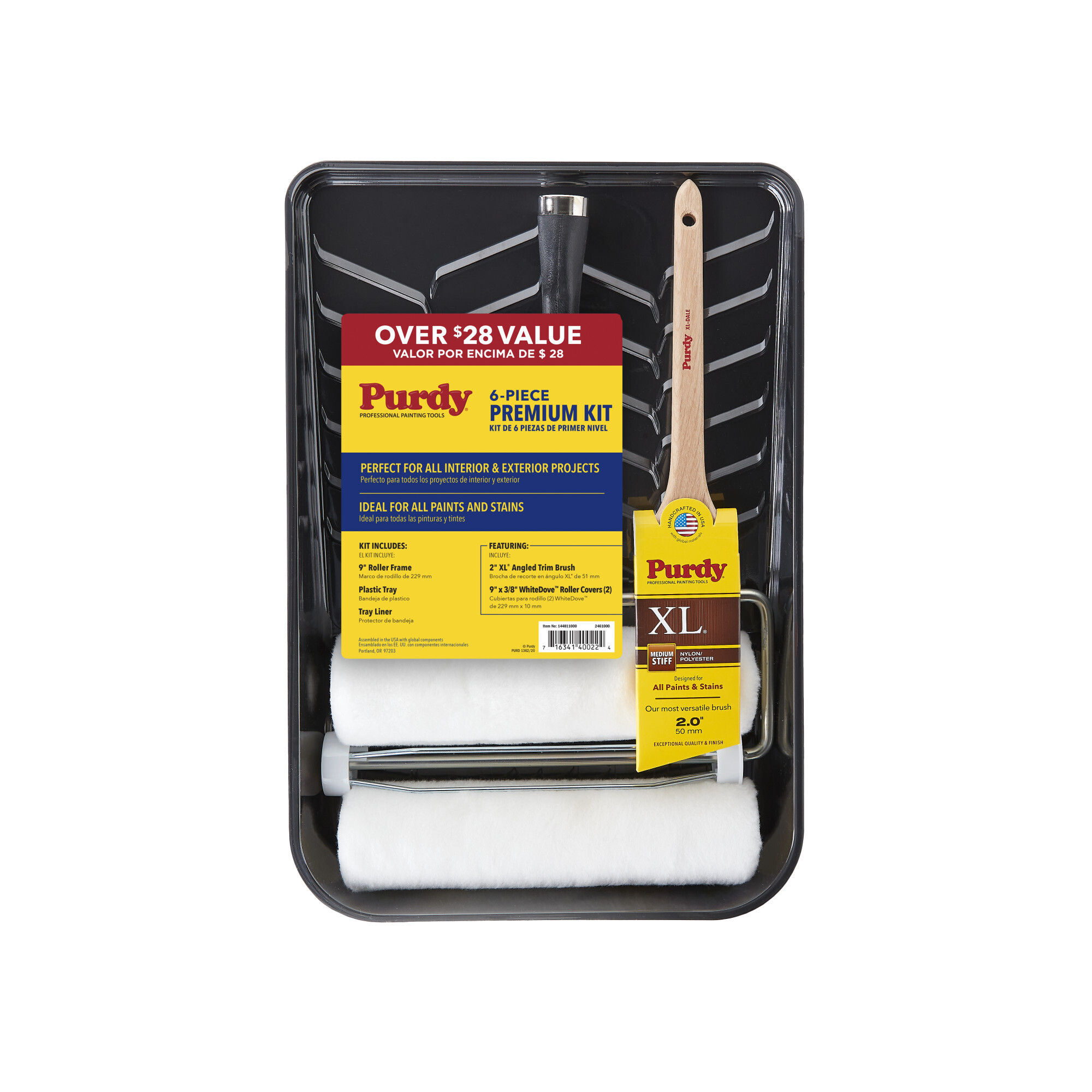 Purdy 6-Pc. Premium Painting Kit, 9in. Roller Frame, 2in. XL Angled Trim Brush, Roller Covers, Tray and Liner, Model# 145811000